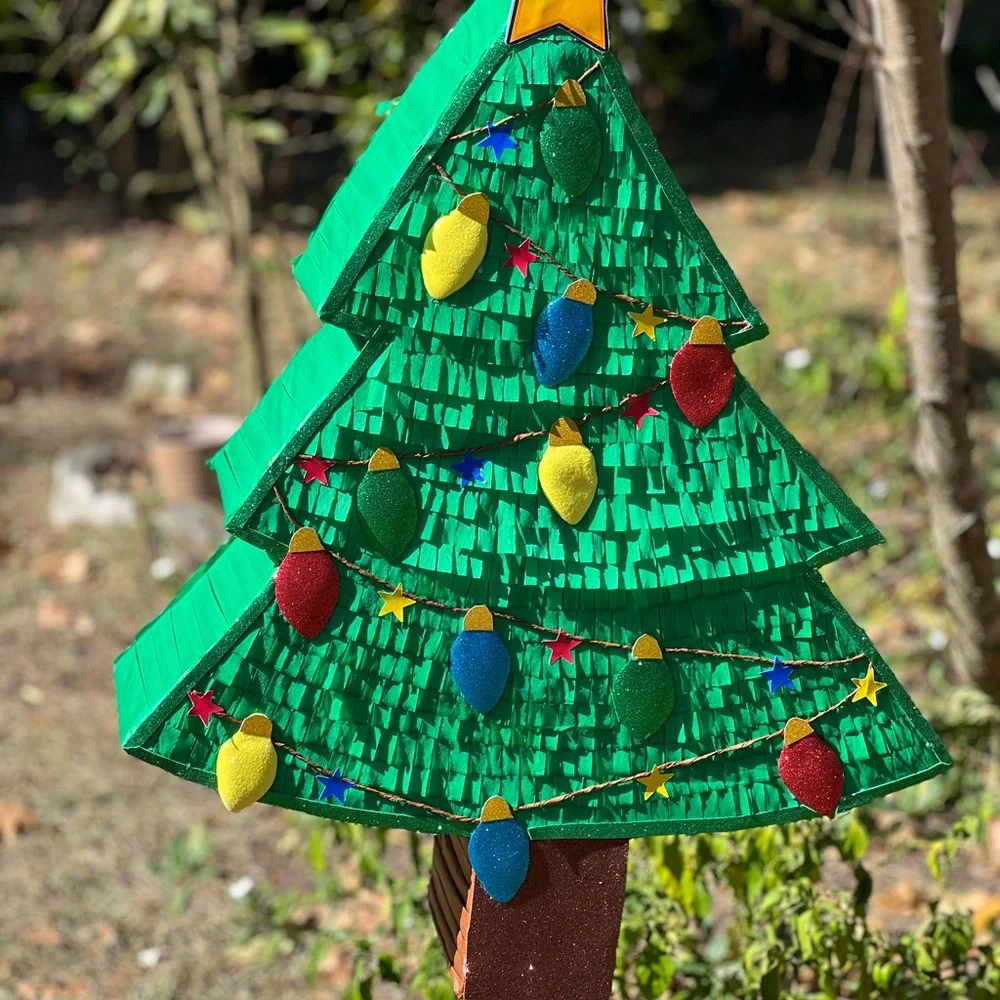 Festive Green Christmas Tree Pinata with Colorful Lights